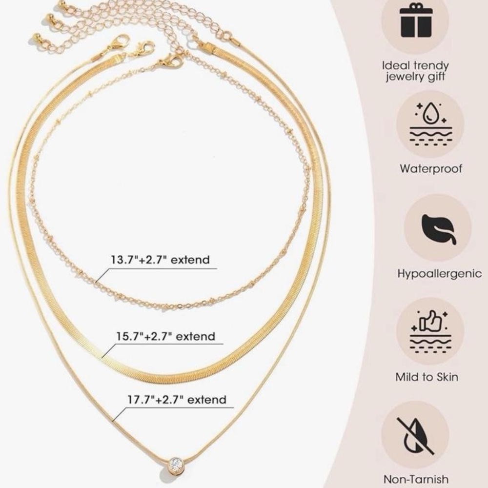 3 Layer Necklace Round Gold Diamond Pendant Dainty Choker Chain Layered Set - Picture 2 of 5